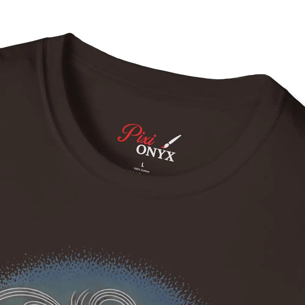 Dark brown unisex softstyle t-shirt with white size tag, reducing fabric waste, enhances aesthetic appeal