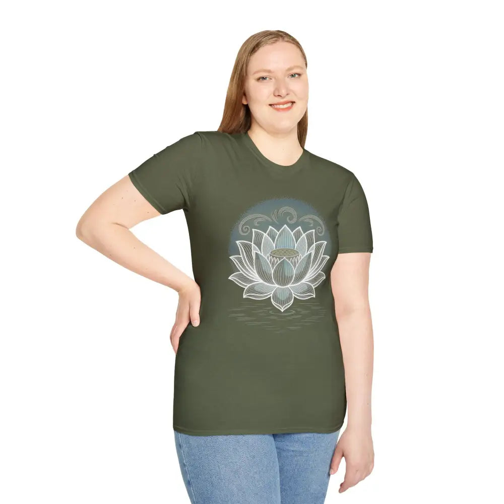 Woman wearing a dark green unisex softstyle t-shirt with white lotus design for mindfulness