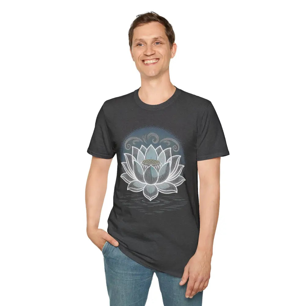 Man wearing a unisex softstyle t-shirt with a white lotus flower design, promoting reducing fabric waste and enhancing aesthetic appeal