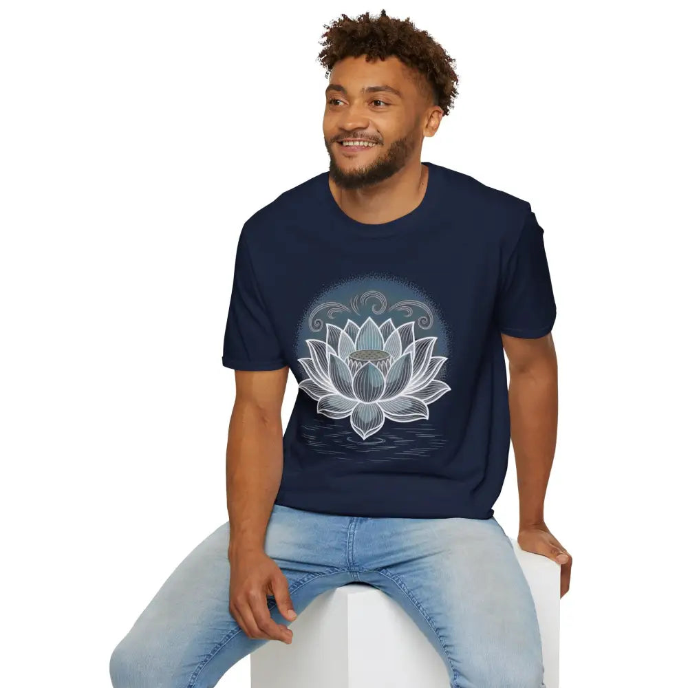 Man wearing navy blue unisex softstyle t-shirt with white lotus flower design for yoga and mindfulness