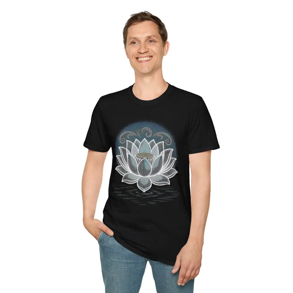 Man wearing a lotus flower unisex softstyle t-shirt promoting reducing fabric waste and enhancing aesthetic appeal