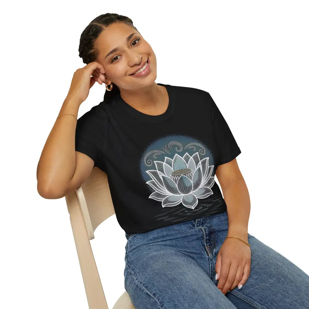 Woman wearing unisex softstyle t-shirt with Lotus flower design, enhancing aesthetic appeal