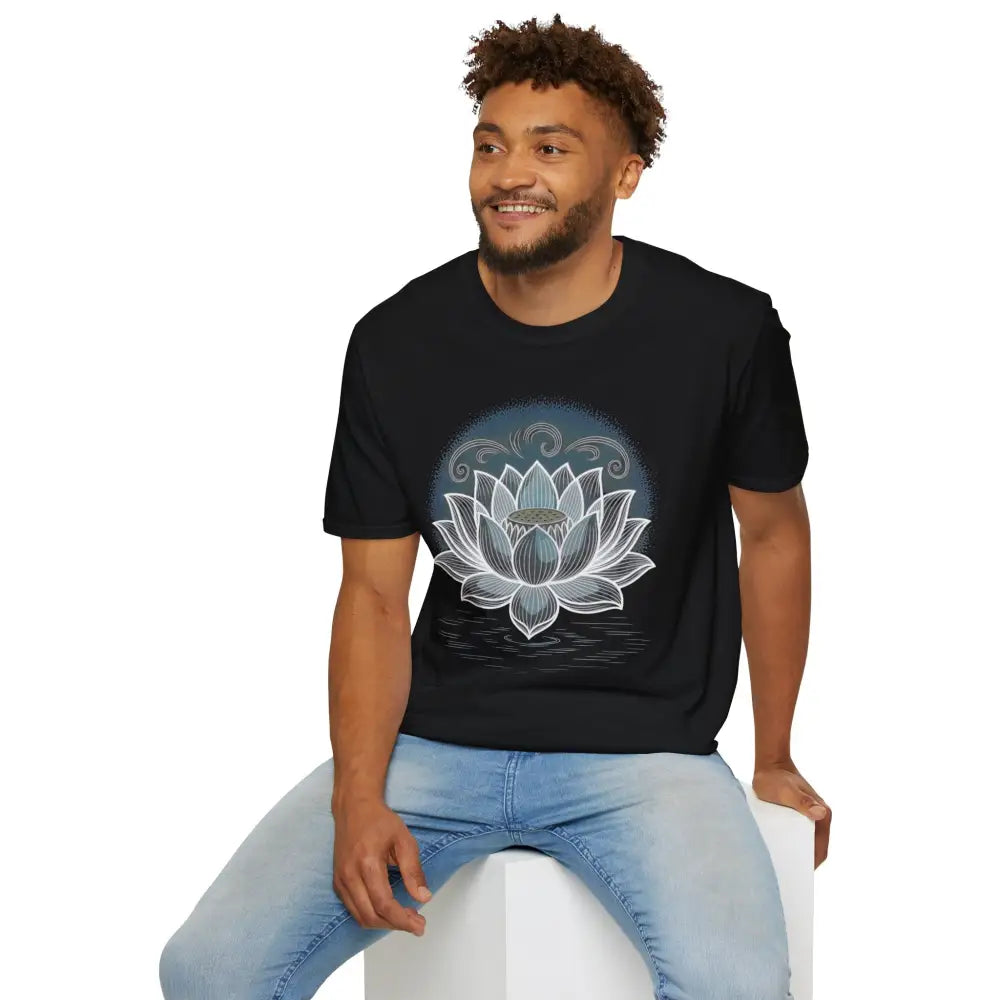 Man wearing unisex softstyle t-shirt with lotus flower design, promoting reducing fabric waste