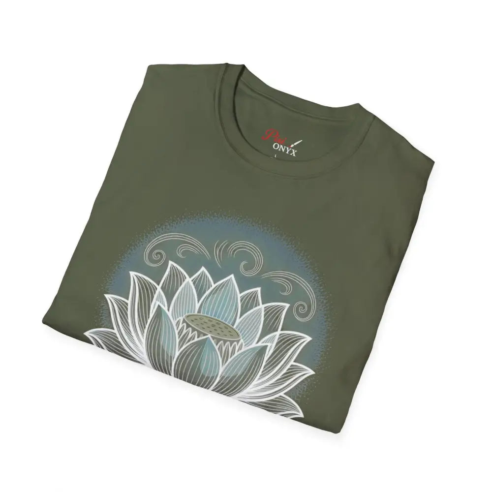Olive green unisex softstyle t-shirt with blue and white lotus flower design for mindfulness