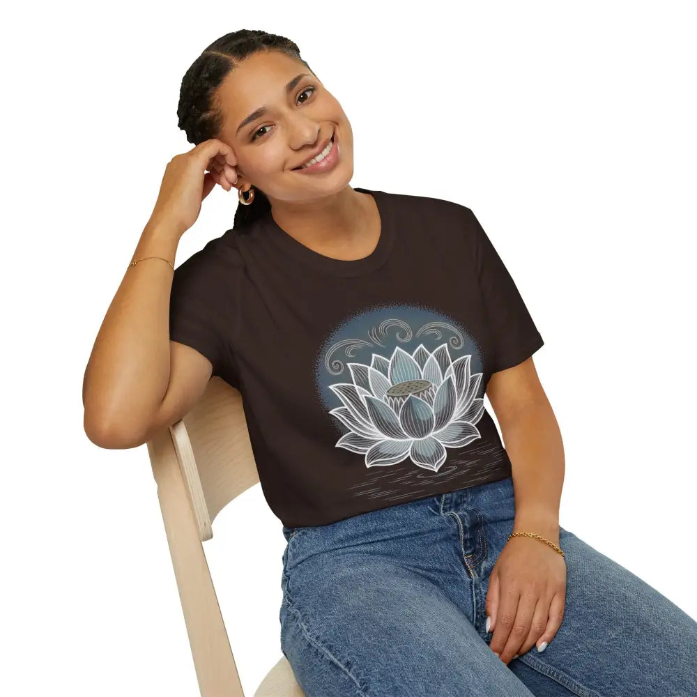 Woman wearing a lotus blossom unisex softstyle t-shirt with blue jeans, enhancing aesthetic appeal