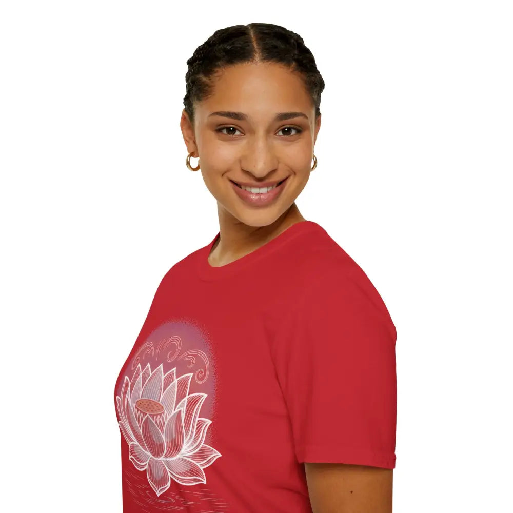 Red Lotus Blossom Unisex Softstyle T-Shirt for Yoga, Meditation, and Mindfulness