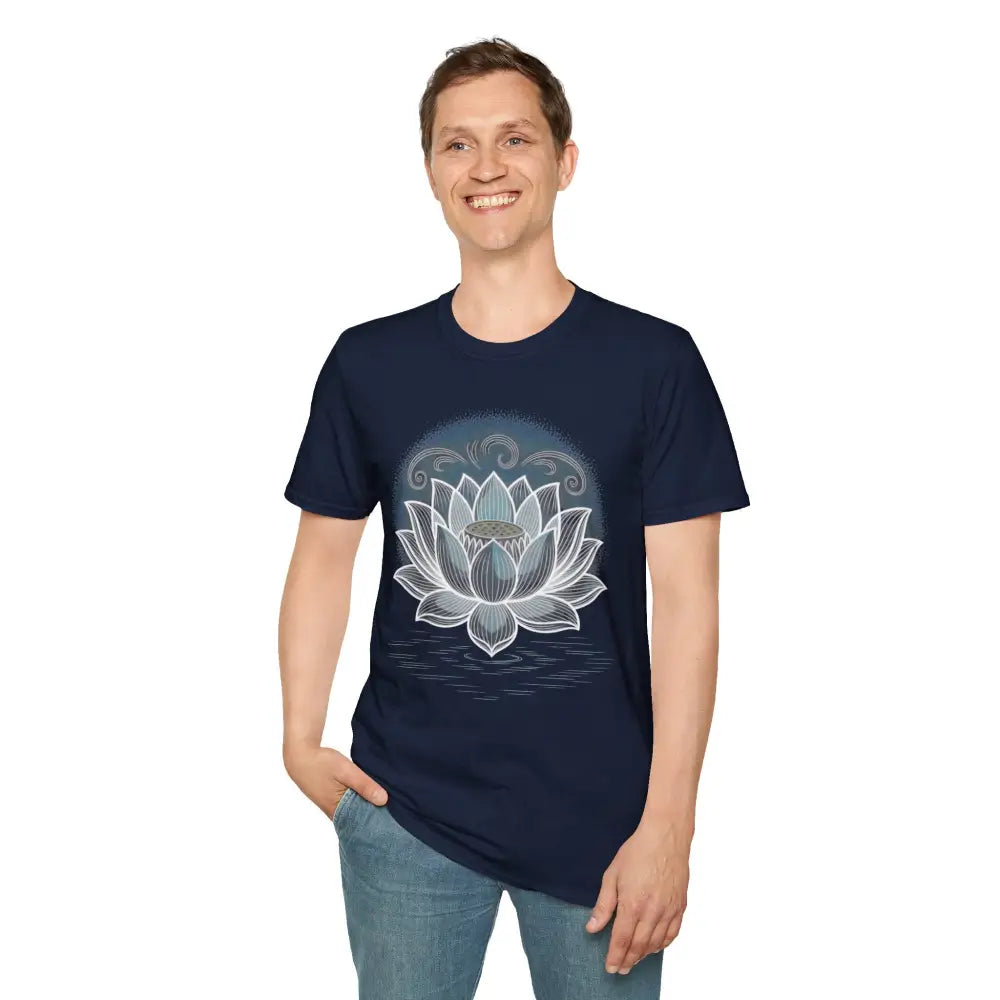 Dark blue unisex softstyle t-shirt with white lotus flower design, enhancing aesthetic appeal