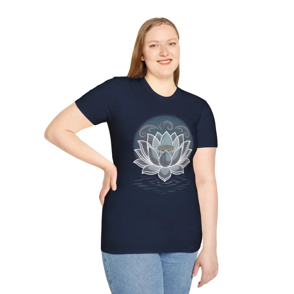 Woman modeling navy blue unisex softstyle t-shirt with white lotus flower design for mindfulness
