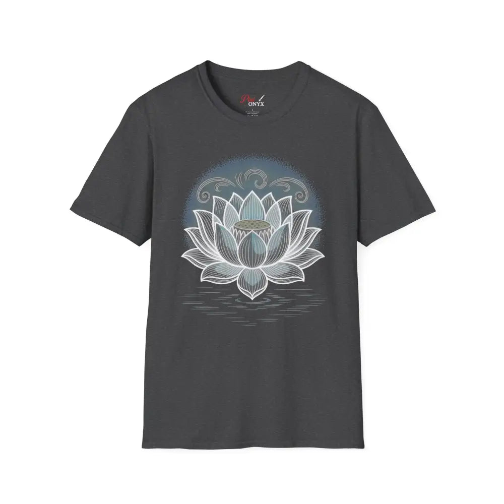 Dark gray unisex softstyle t-shirt with white lotus flower design, reducing fabric waste and enhancing aesthetic appeal