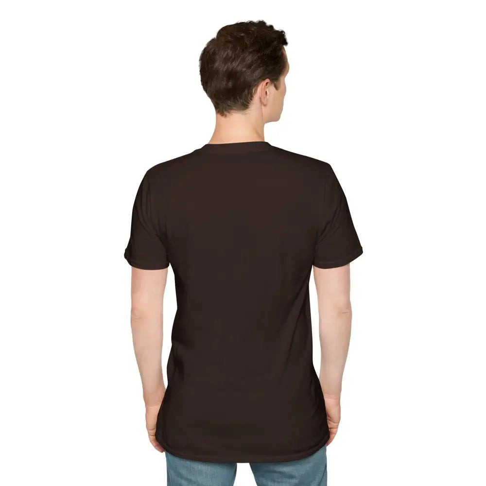 Man modeling dark brown unisex softstyle t-shirt from Lotus Blossom Yoga Apparel