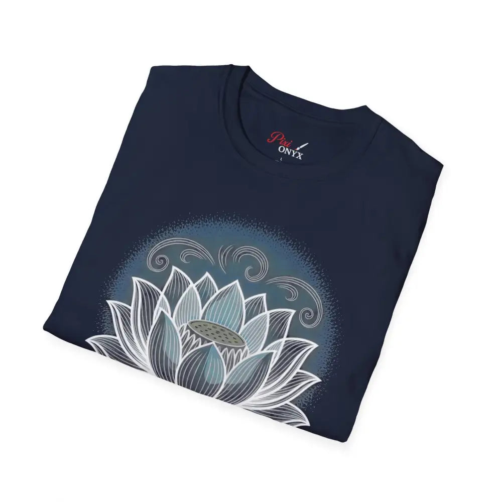 Navy blue unisex softstyle t-shirt with white and teal lotus flower design for yoga or meditation