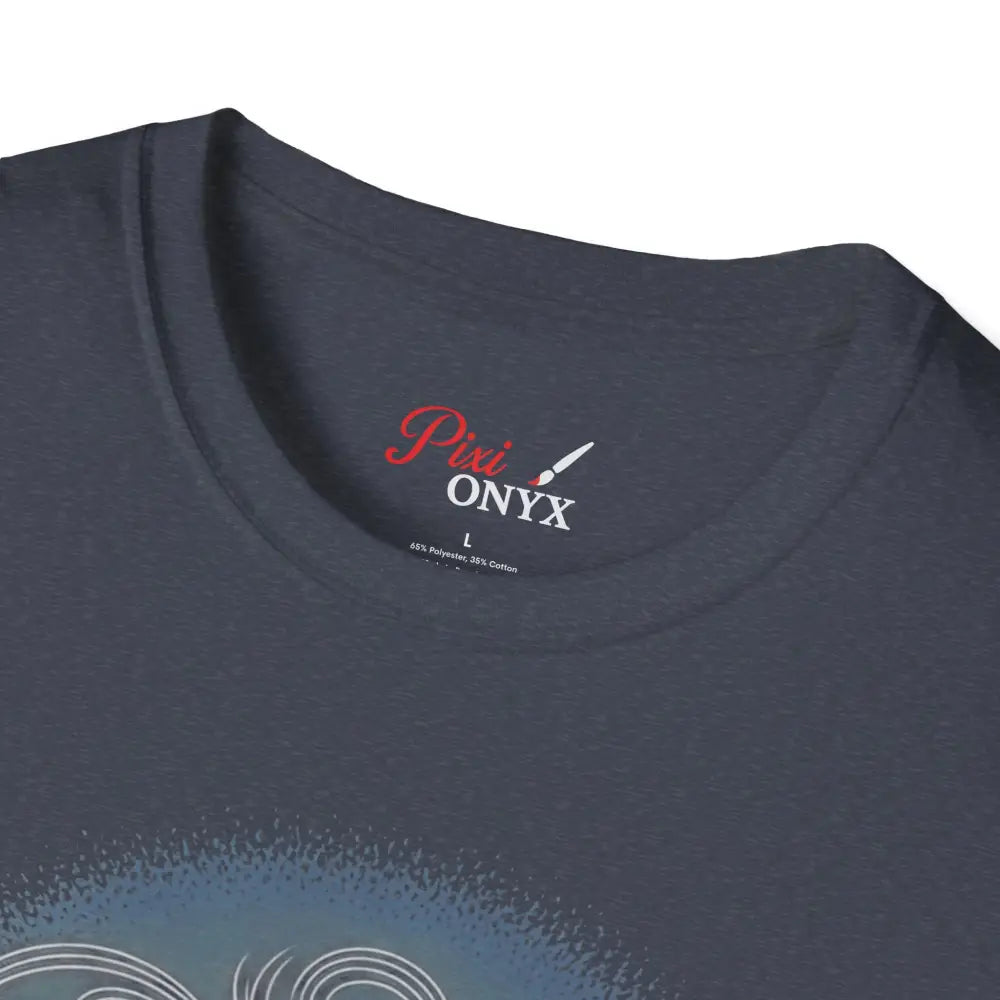Dark gray unisex softstyle t-shirt with a red and white tag, promoting reducing fabric waste