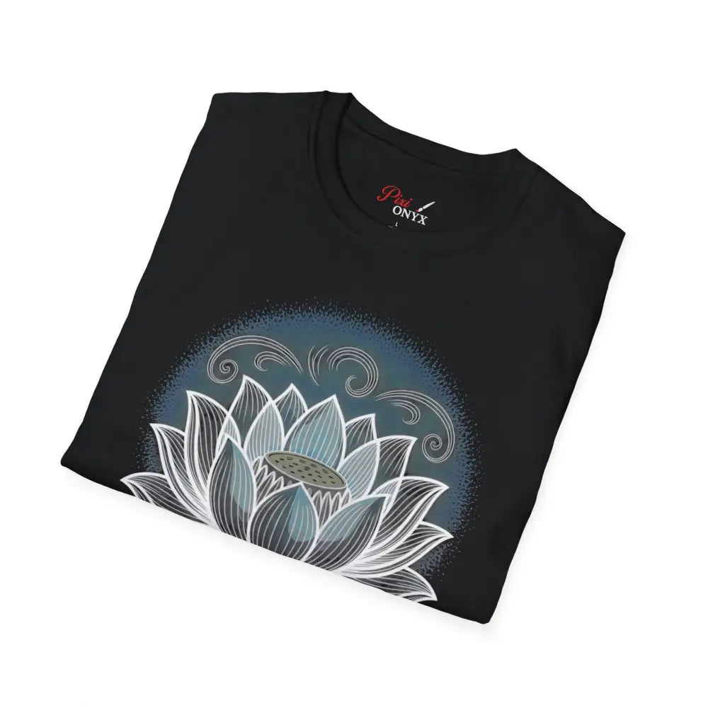 Black unisex softstyle t-shirt with blue and white lotus flower design for yoga and meditation