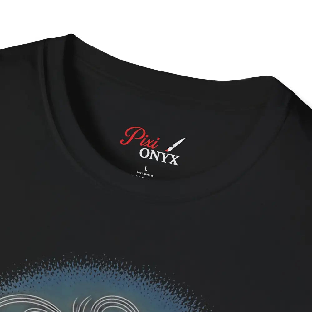 Black unisex softstyle t-shirt with printed label, reducing fabric waste and enhancing aesthetic appeal