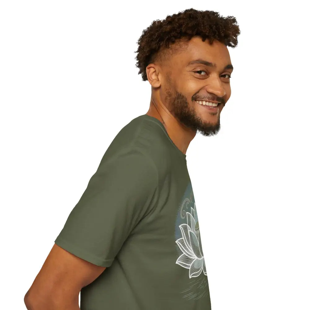 Men’s olive green unisex softstyle t-shirt with white lotus flower design for mindfulness