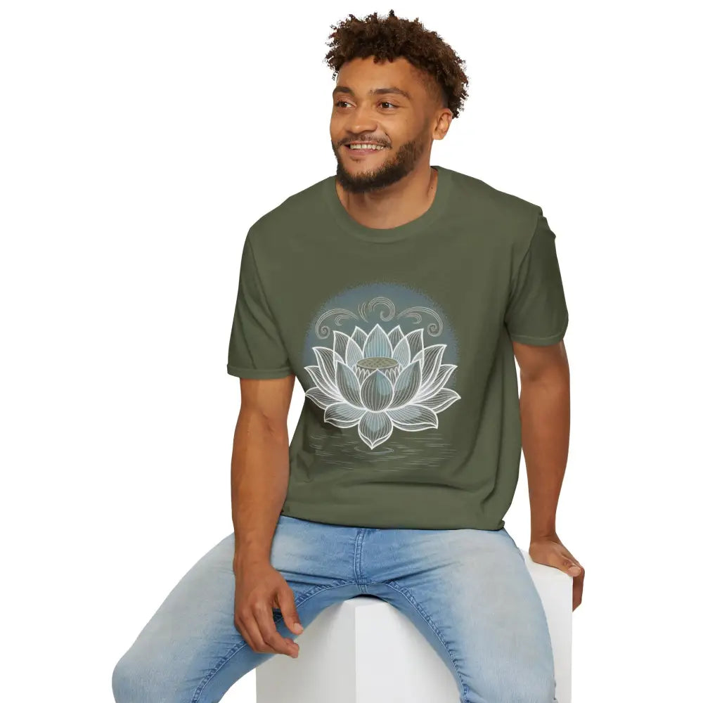 Man wearing green unisex softstyle t-shirt with lotus flower design, enhancing aesthetic appeal