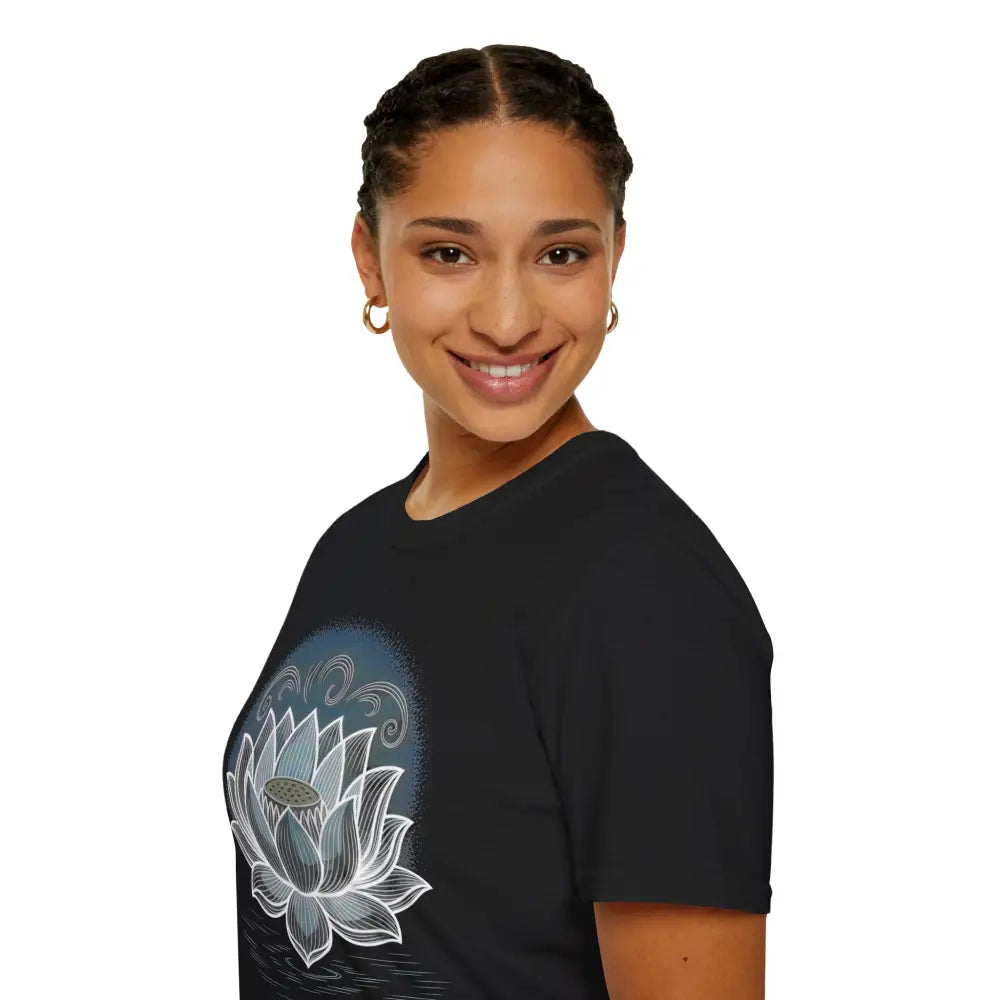 Woman wearing a lotus design unisex softstyle t-shirt, reducing fabric waste, stylish yoga wear