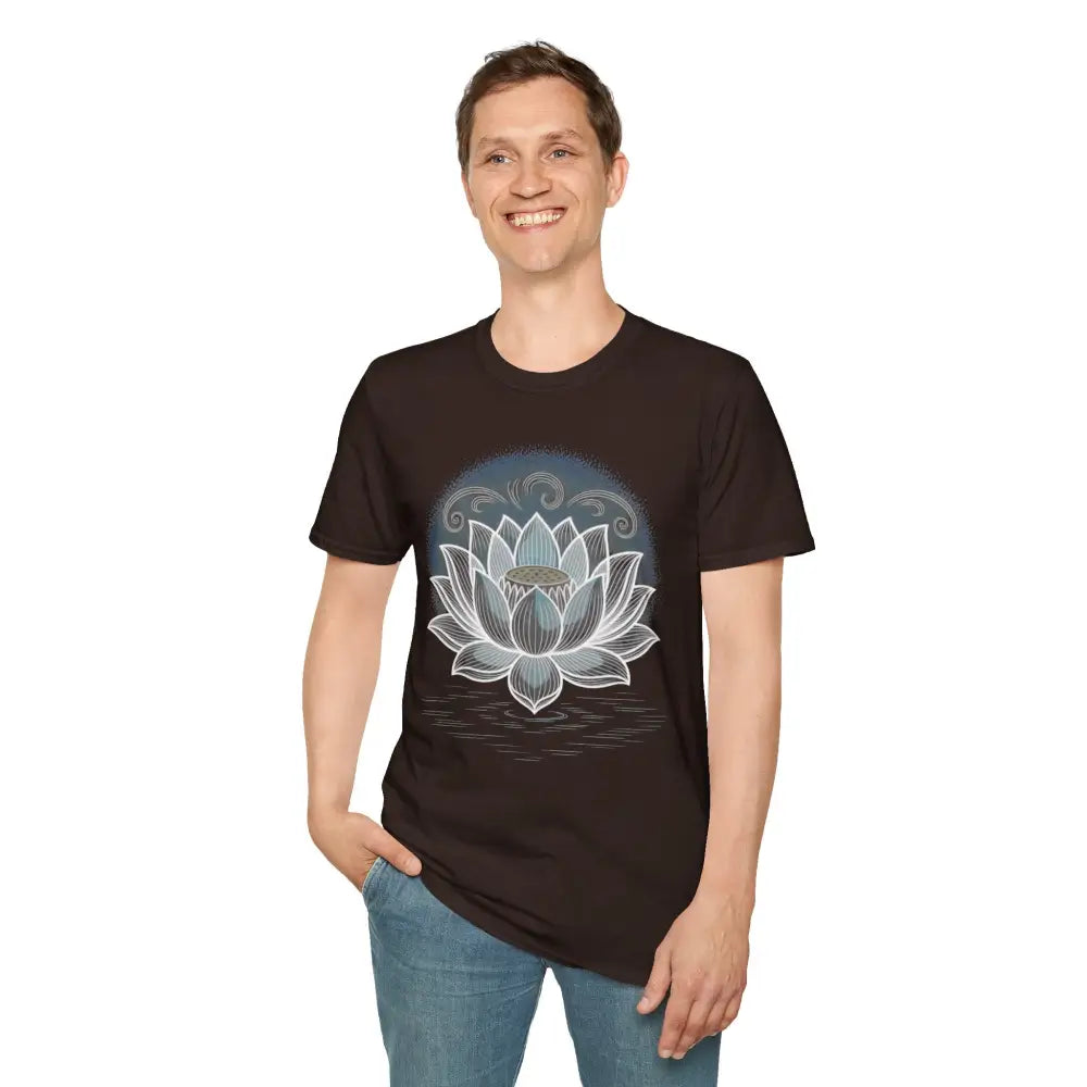 Dark brown unisex softstyle t-shirt with white and gray lotus flower design for mindfulness