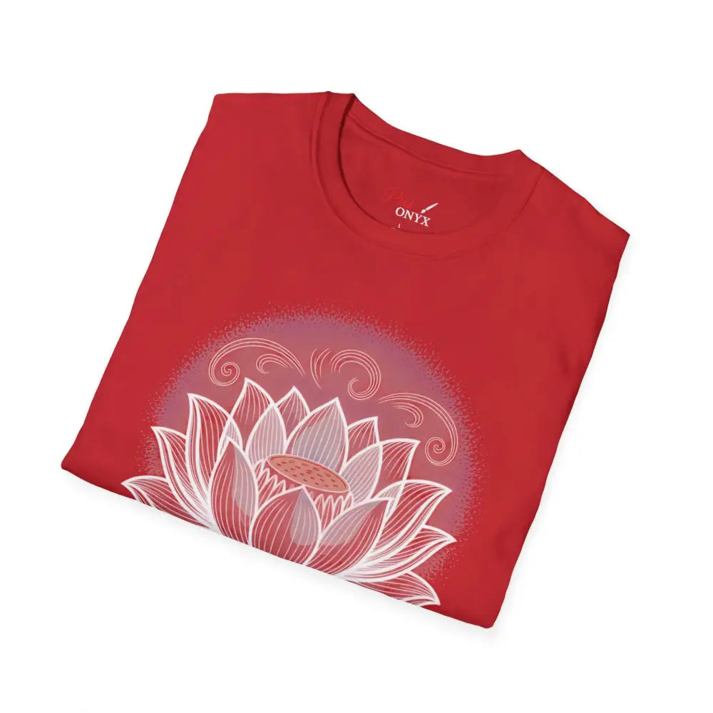 Red unisex softstyle t-shirt with lotus flower design, promoting reducing fabric waste and enhancing aesthetic appeal