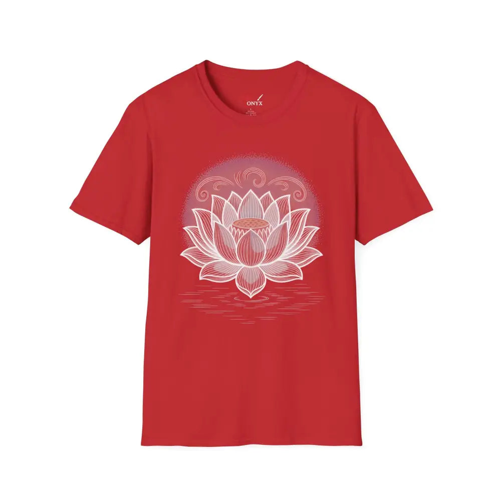 Red unisex softstyle T-shirt with white lotus flower design, perfect for mindfulness and reducing fabric waste
