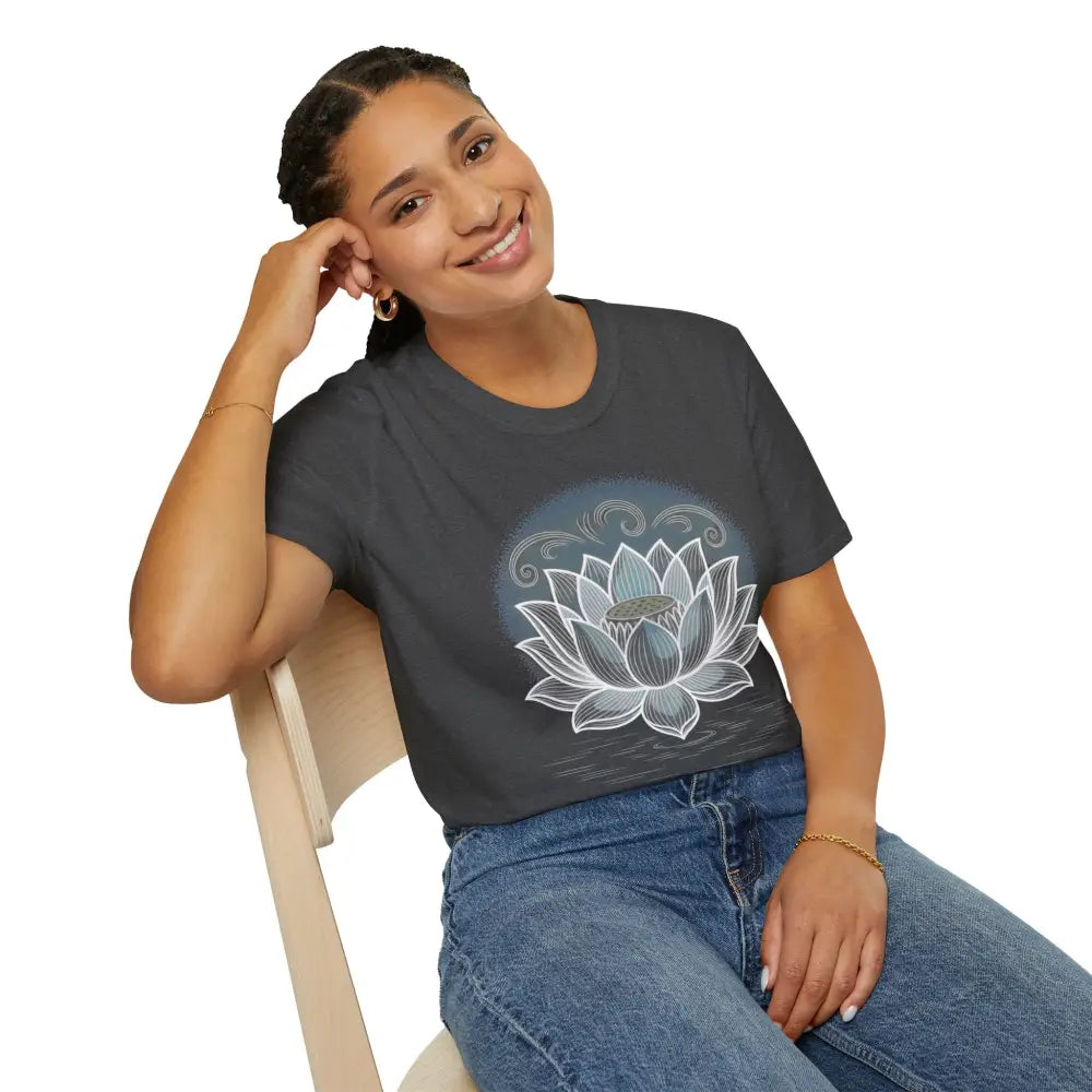 Woman in dark gray crop top and blue jeans wearing Lotus Blossom Unisex Softstyle T-Shirt