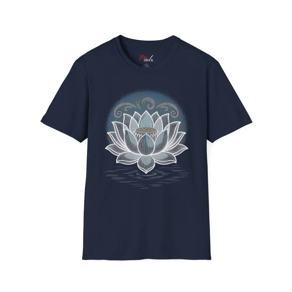 Dark blue unisex softstyle t-shirt with large white and light blue lotus flower design