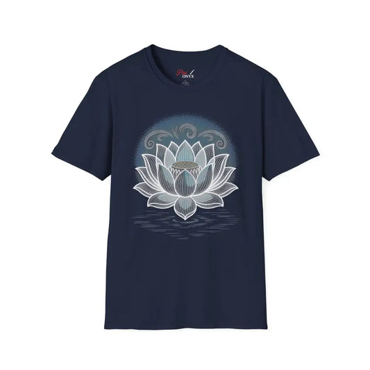 Dark blue unisex softstyle t-shirt with large white and light blue lotus flower design