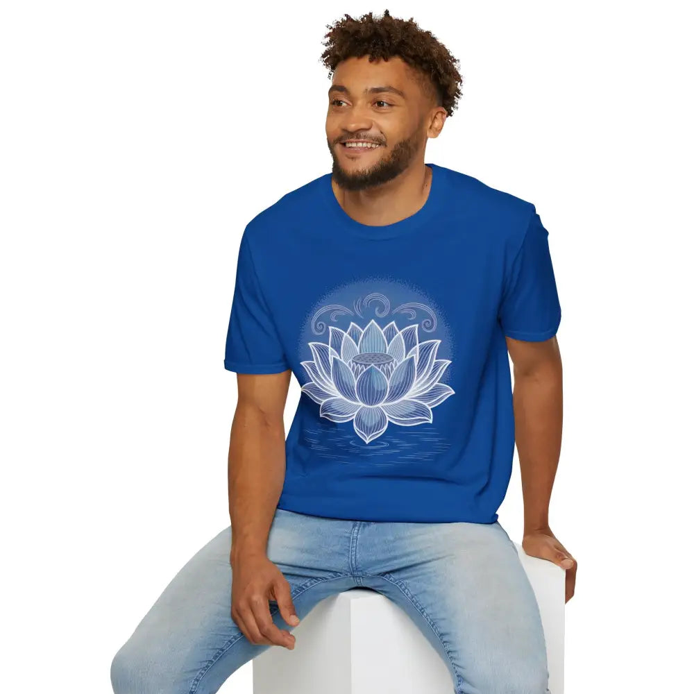 Man wearing unisex softstyle t-shirt with white lotus flower design for yoga and mindfulness
