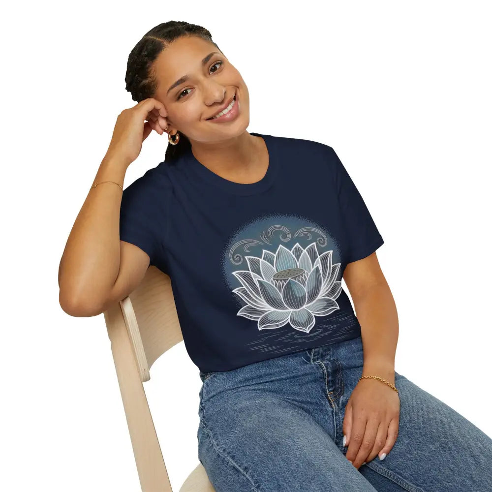 Woman wearing navy blue unisex softstyle t-shirt with white lotus flower design and blue jeans