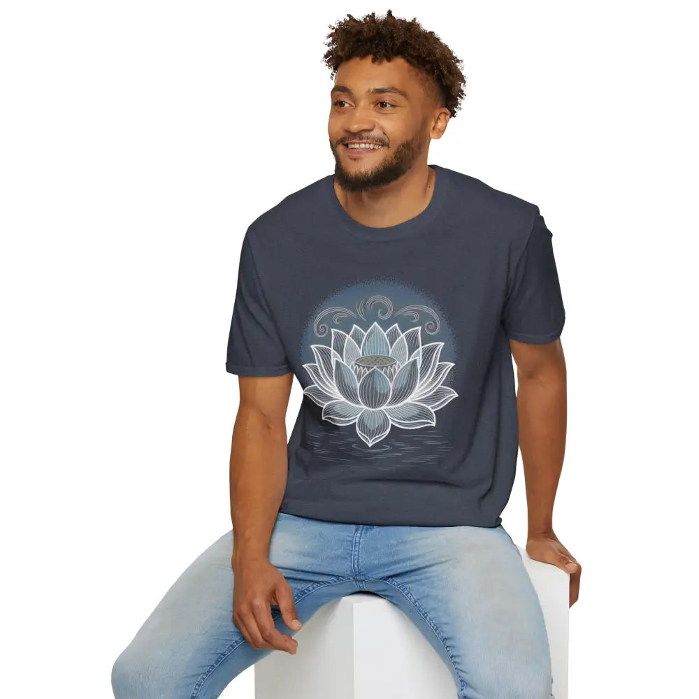 Man wearing navy blue unisex softstyle t-shirt with white lotus flower design for mindfulness and yoga