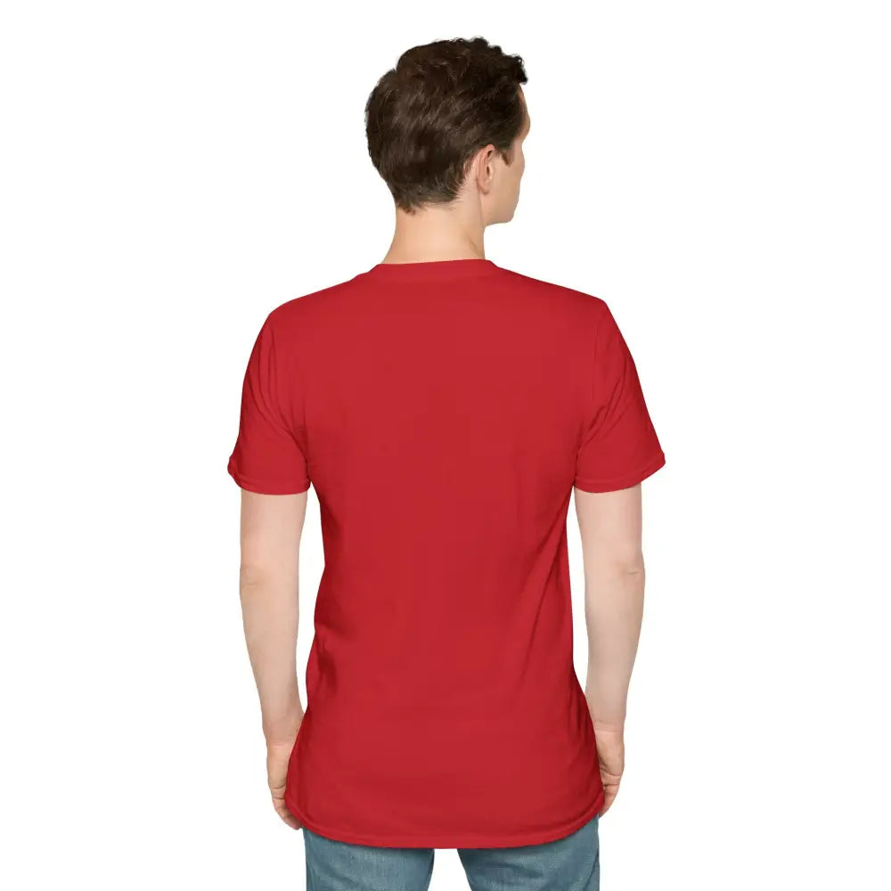 Rear view of a man in a red unisex softstyle T-shirt and blue jeans, enhancing aesthetic appeal