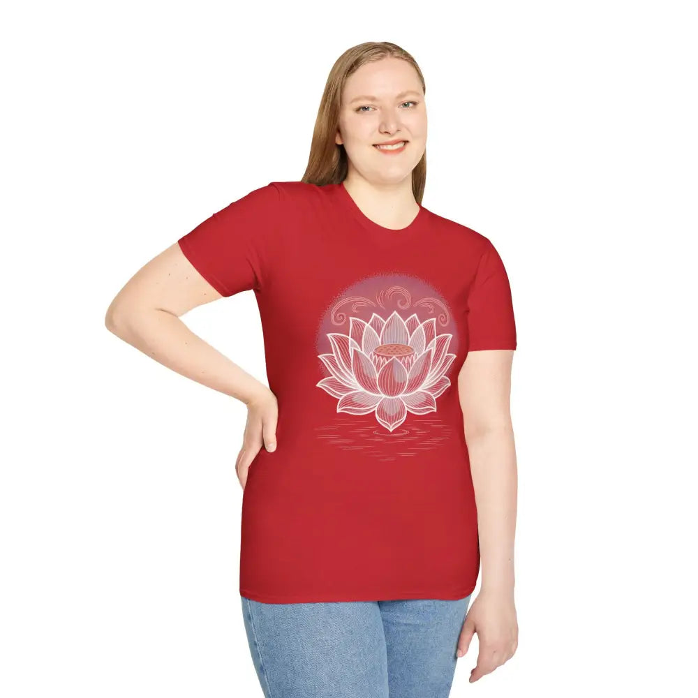Woman wearing a red unisex softstyle T-shirt with a white lotus flower design for mindfulness
