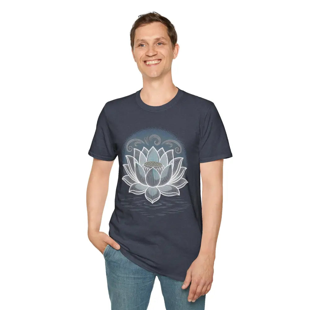 Man wearing a unisex softstyle t-shirt with white lotus flower design, enhancing aesthetic appeal