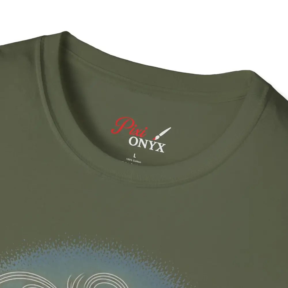 Olive green unisex softstyle t-shirt with red and white brand label, enhancing aesthetic appeal