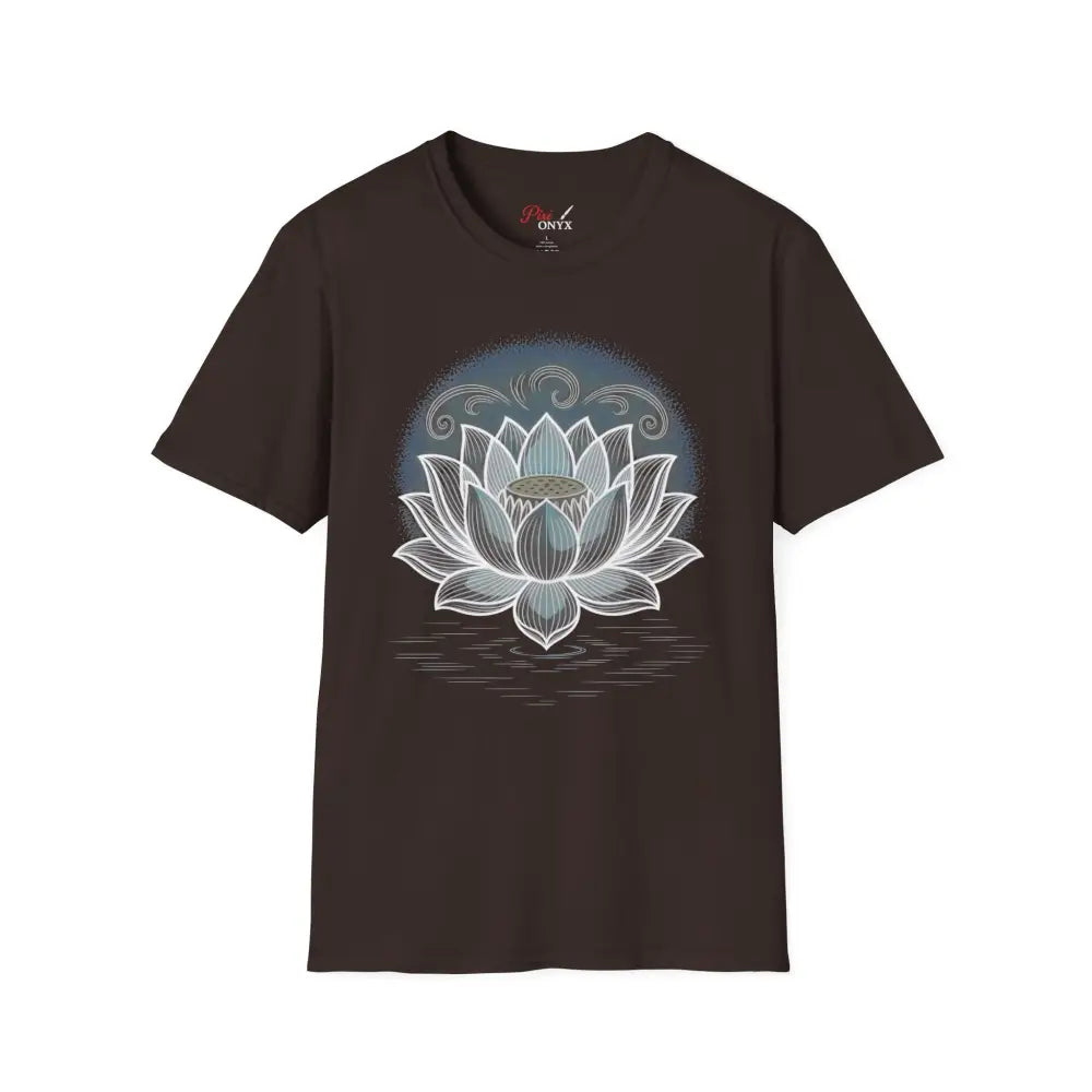 Dark brown unisex softstyle t-shirt with white lotus flower design, enhancing aesthetic appeal