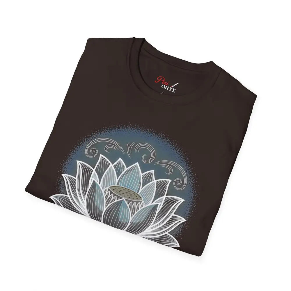 Dark brown unisex softstyle t-shirt with blue and white lotus flower design for mindfulness