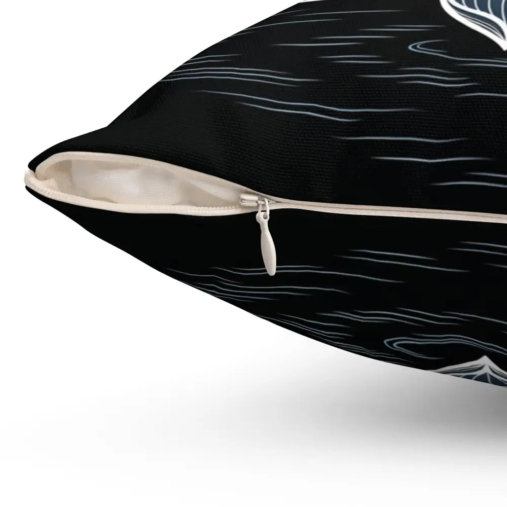 Black decorative pillow cover with white wave patterns, zipper closure, double-sided print, spun polyester