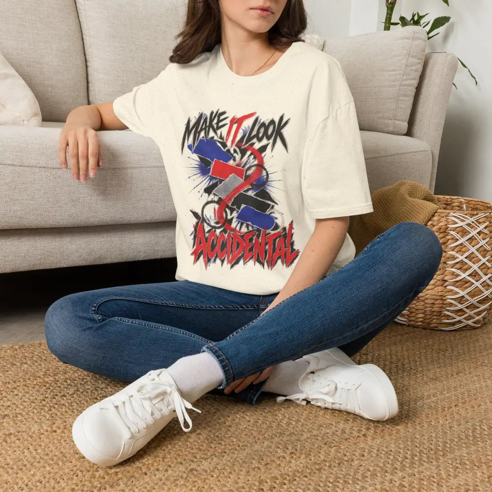 Off-white make it look accidental unisex t-shirt with bold black and red graphic over blue white gray abstract design low heat tumble dry care instructions