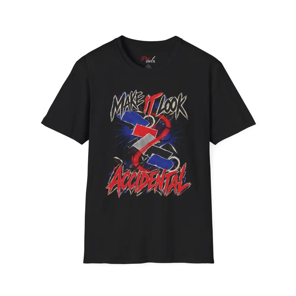 Black short-sleeved unisex t-shirt with bold graffiti-style make it look accidental graphic, care instructions low heat tumble dry