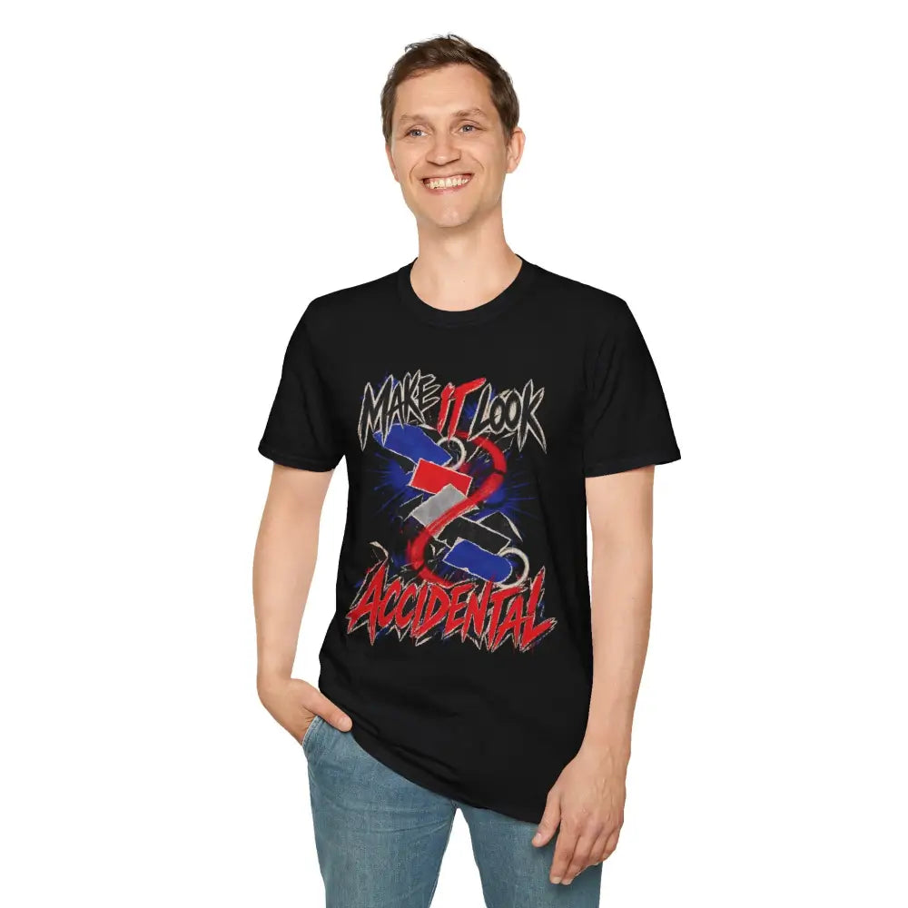 Black unisex short-sleeved t-shirt with bold red and white make it look accidental graphic and low heat care instructions