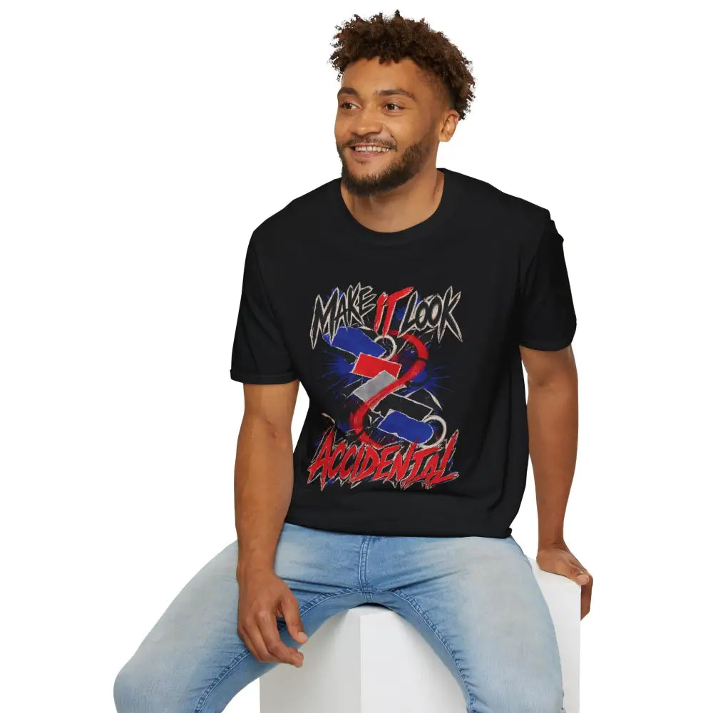 Black cotton make it look accidental unisex t-shirt with bold graffiti graphic and care instructions for low heat tumble dry