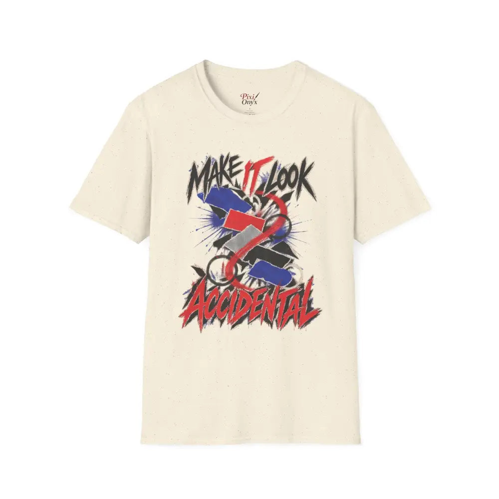Cream-colored cotton make it look accidental unisex t-shirt with graffiti graphic, tumble dry low heat care instructions