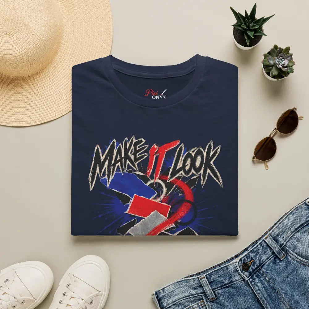 Navy blue cotton make it look accidental unisex t-shirt with bold graffiti graphic care instructions low heat tumble dry