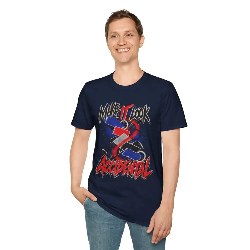 Navy blue make it look accidental unisex t-shirt with bold red and white graphic, care instructions suggest low heat tumble dry