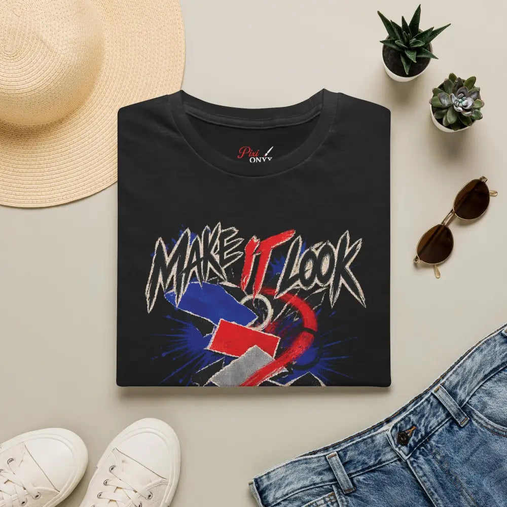 Black cotton make it look accidental unisex t-shirt with bold red white and blue graphic, tumble dry low heat care instructions