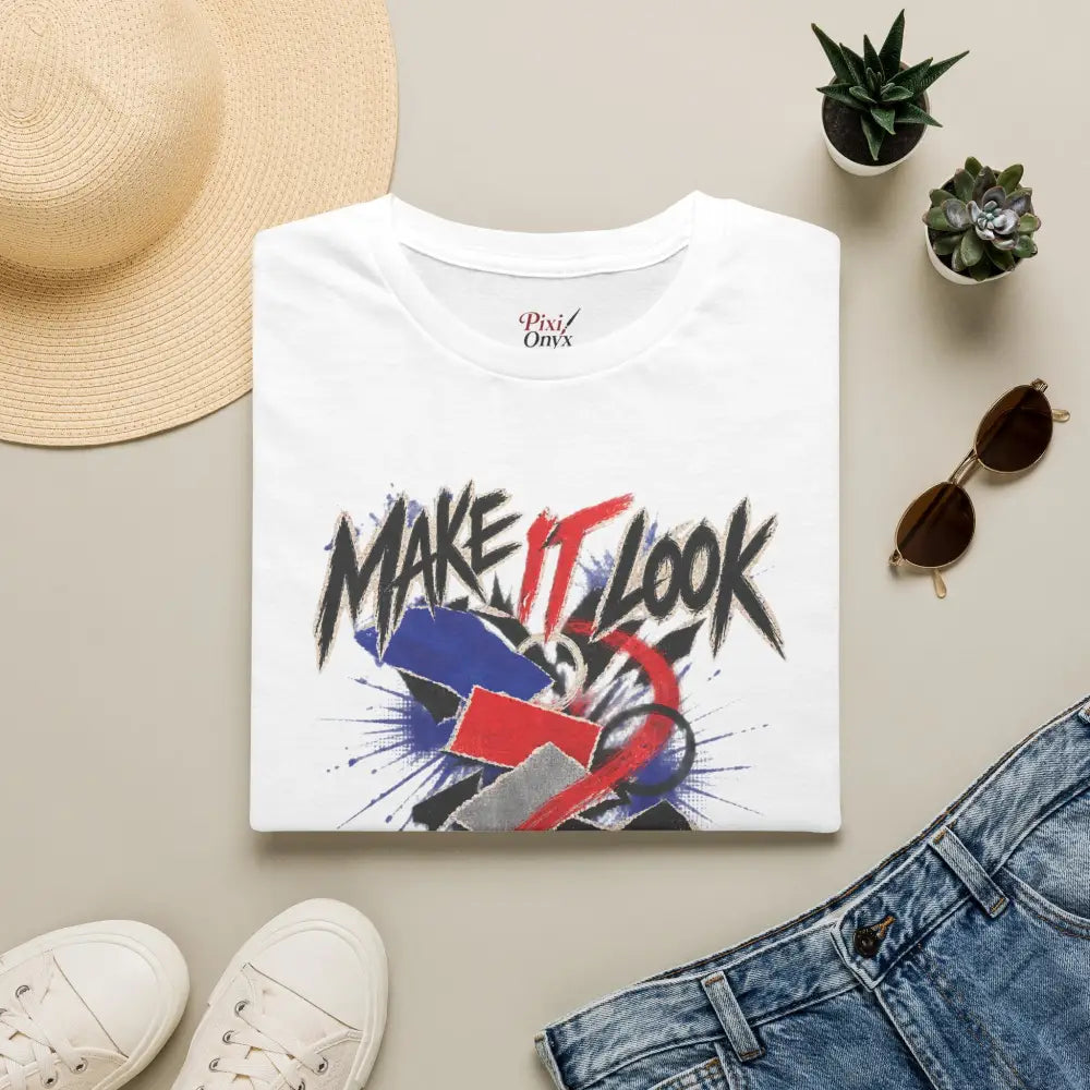 White cotton unisex t-shirt with bold make it look graffiti graphic and splatter design, low heat tumble dry care instructions