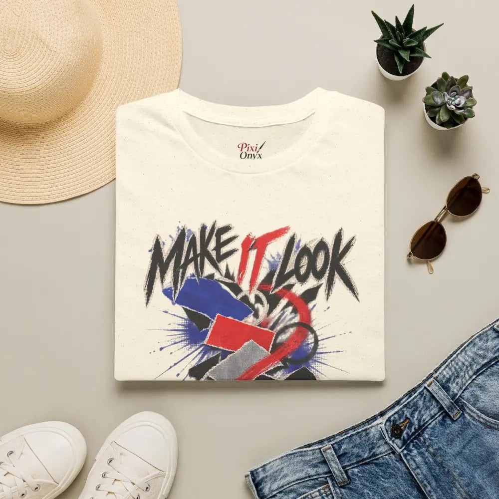 Off-white cotton make it look accidental unisex t-shirt with bold graffiti graphic in red blue and black low heat tumble dry care instructions