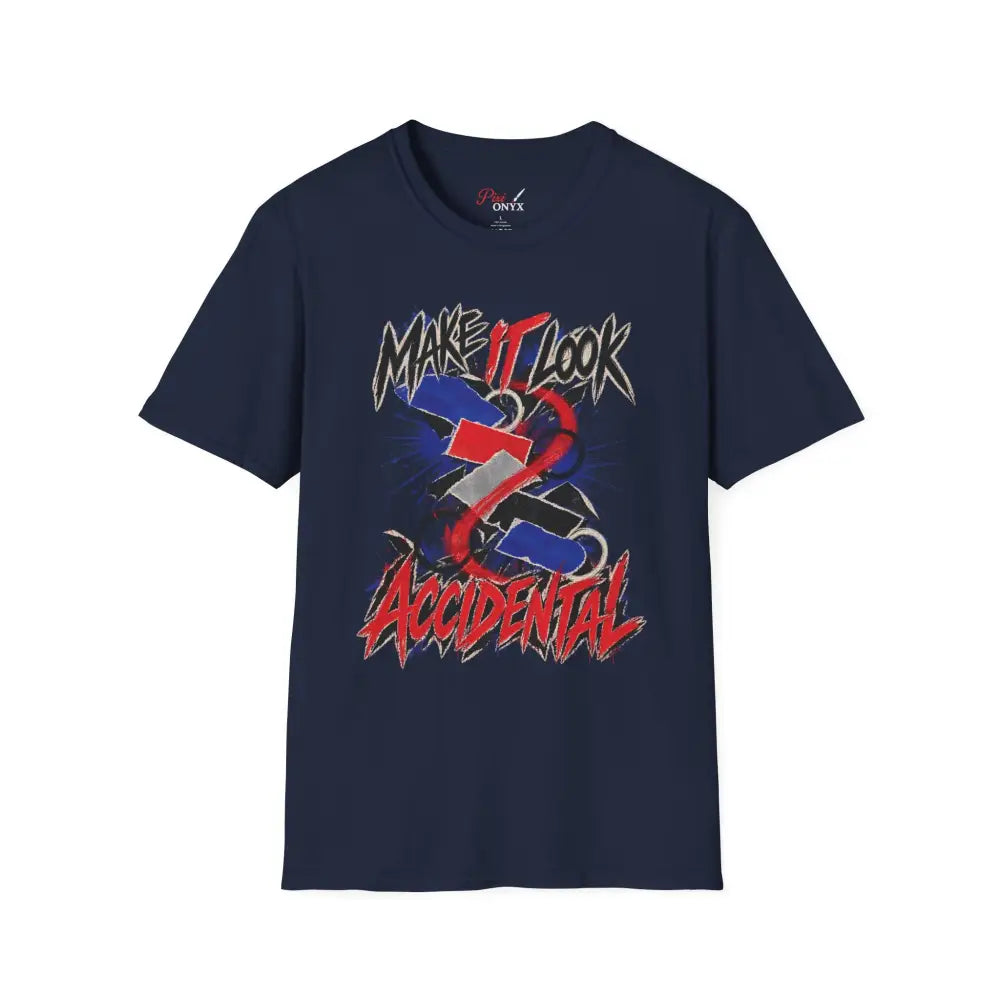 Navy blue make it look accidental unisex t-shirt with bold sneaker graphic print, care instructions recommend low heat tumble dry