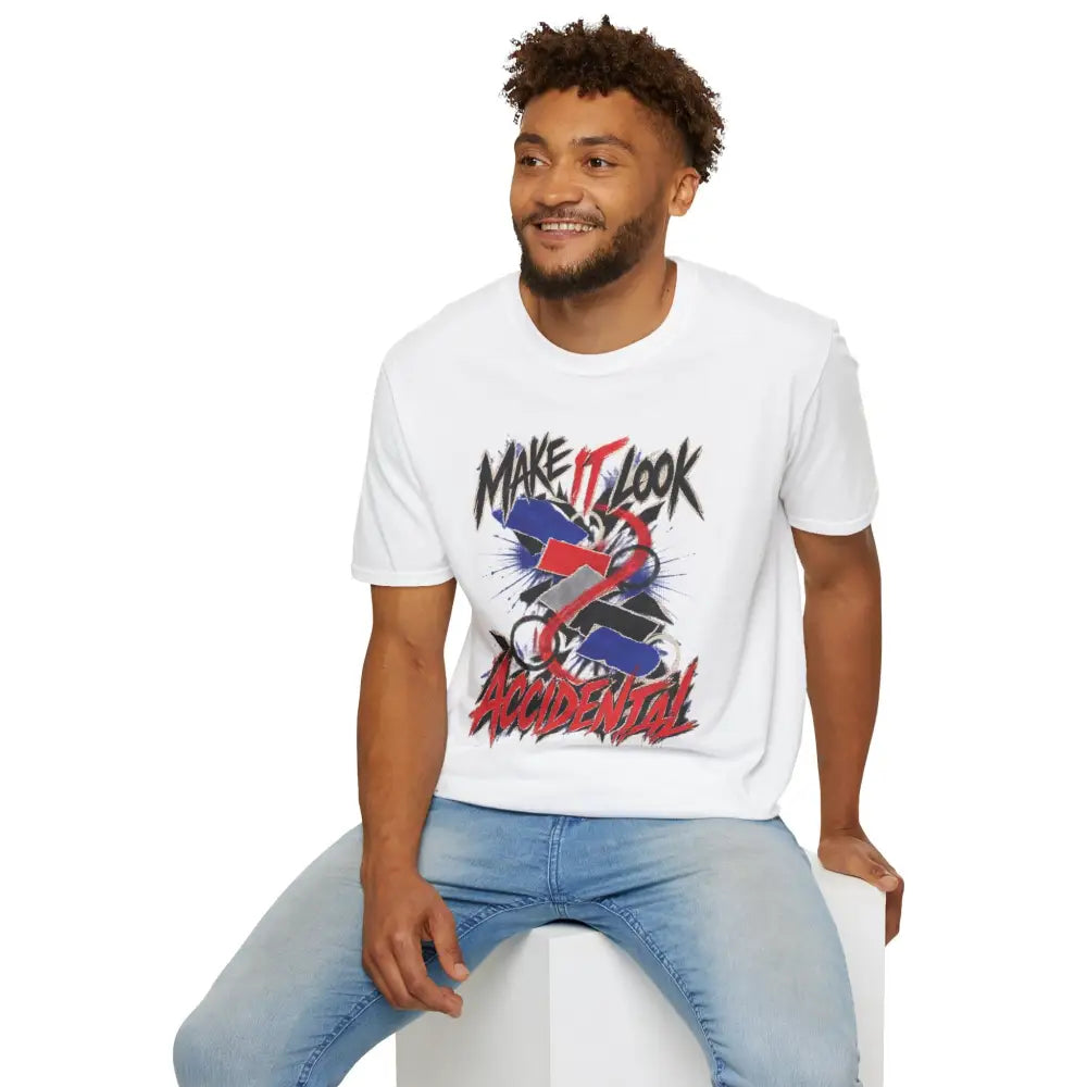 White cotton make it look accidental unisex t-shirt with bold graffiti graphic and care instructions for low heat tumble dry