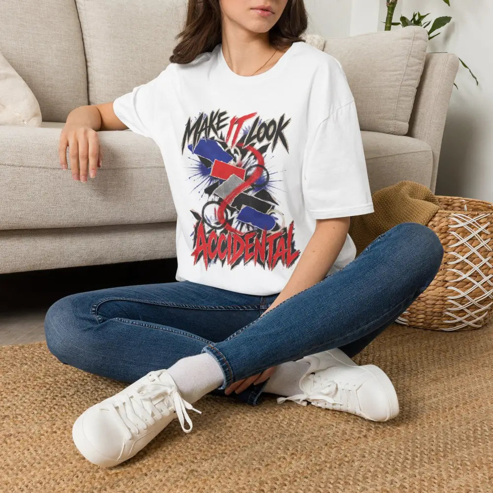White unisex t-shirt with bold red and black make it look accidental graphic, care instructions recommend low heat tumble dry
